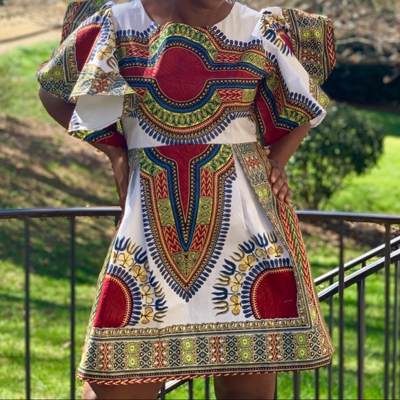 African Print Ankara Handmade White Dashiki Mini Ruffle Sleeve Dress - Picture 3 of 7